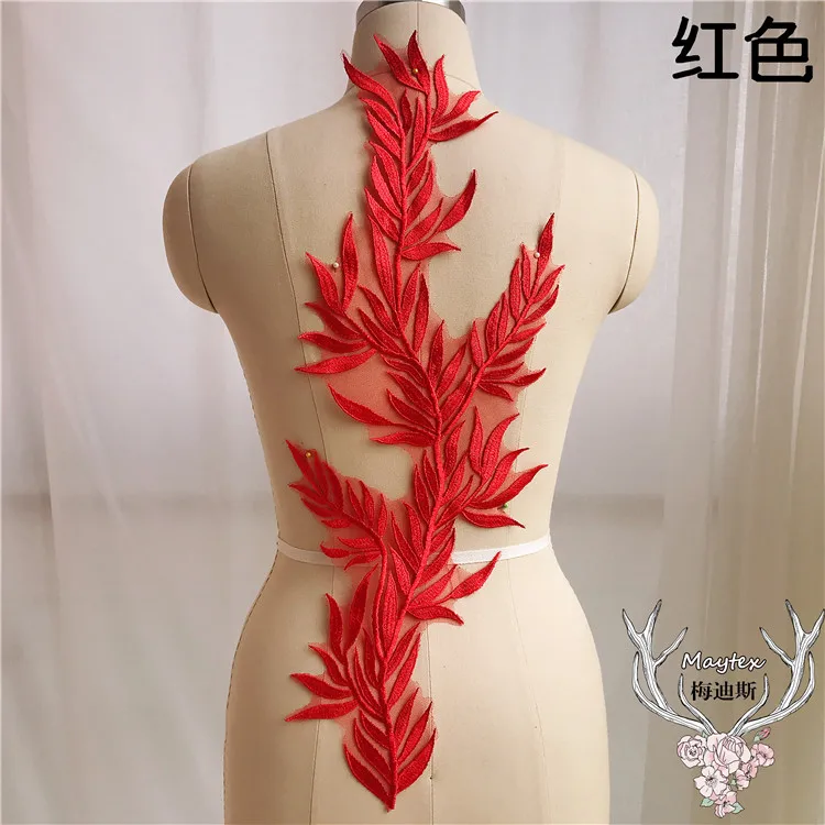 1 пара/2 шт. 22X57 см Бамбуковые Листья Вышивка Кружева цветок ткань платье diy ручной работы одежда материал патч - Цвет: Red