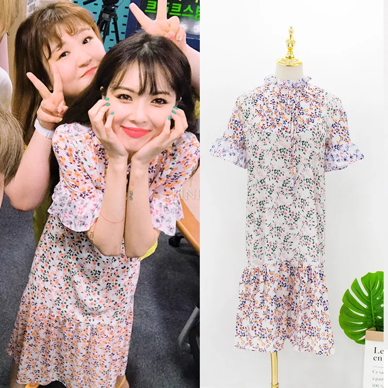 Kpop 4Minute Kim Hyun уличная одежда с коротким рукавом платье цветочным рисунком женское