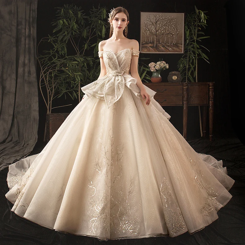 SSYFashion роскошное свадебное платье цвета шампанского, высококачественное свадебное платье принцессы с блестками и бисером, свадебное платье со шлейфом, Vestido De Noiva