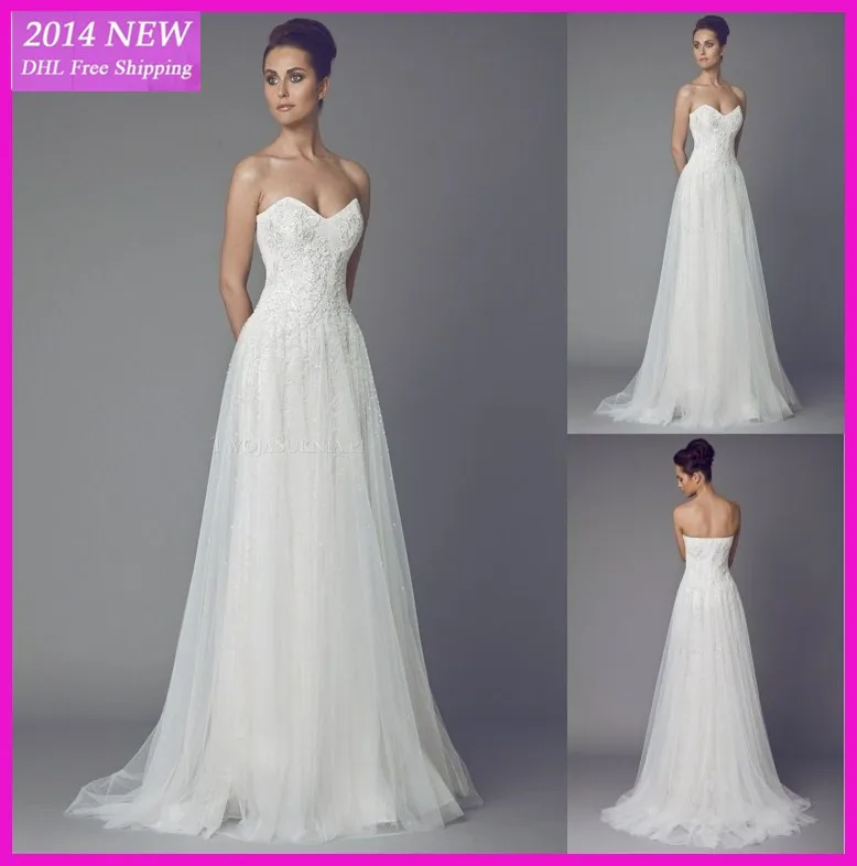 

nova Designer Exquisite a linha Sexy querida mangas com apliques em tule branco vestidos de casamento Custom-made wedding dress