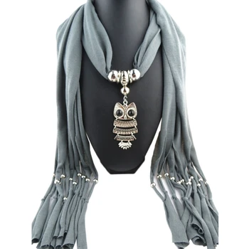 

Womens Necklace Scarf Shawl With Vintage Charm Elegant Owl Pendant Tassels Wrap