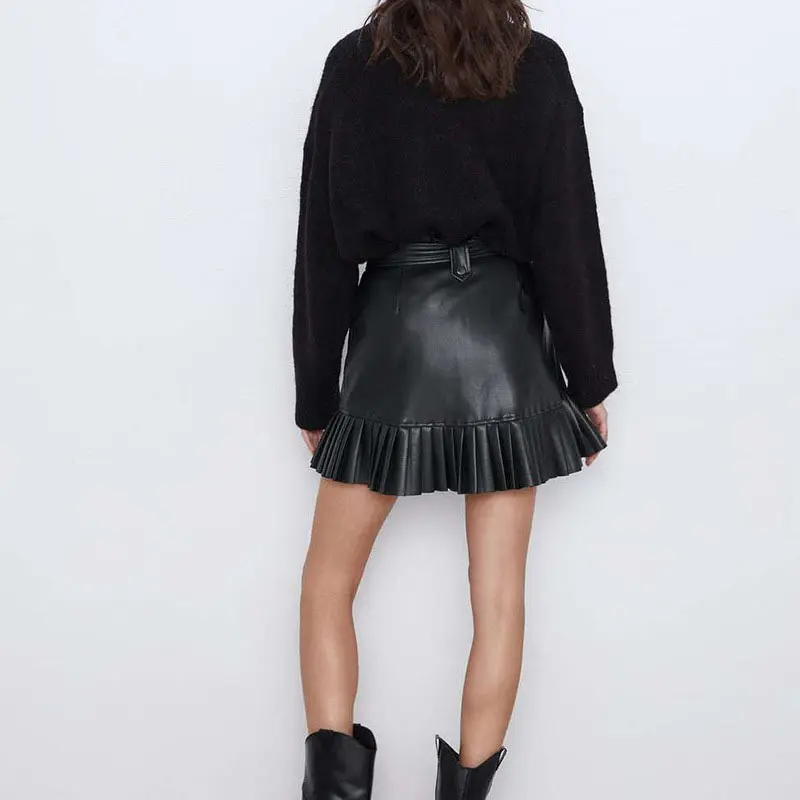 RealShe кожаная женская юбка с оборками плотная мини высокой талией Jupe Femme 2020