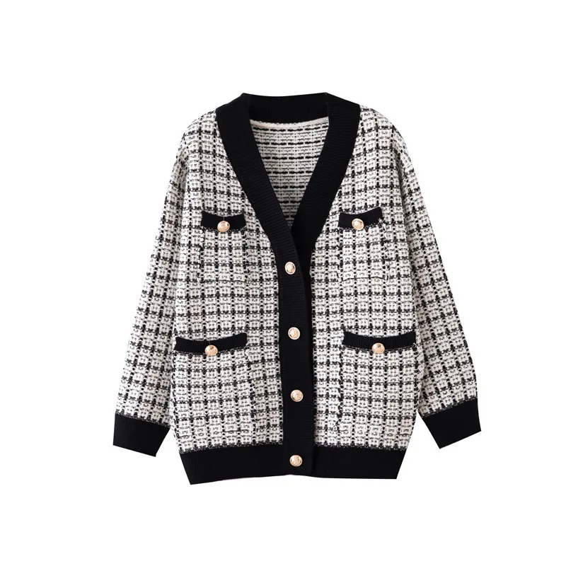 

Women's Korean-Style Loose and Plus-sized Plaid Sweater Jacket 2020 Autumn New Knitted Cardigan