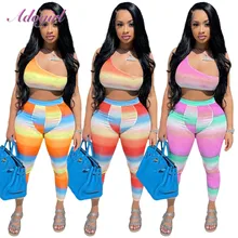 

Rainbow Stripe Ribbed Two Piece Sets Summer Sexy One Shoulder Sleeveless Crop Top Vest Legging Pants Outfit Sportwear Tracksuit