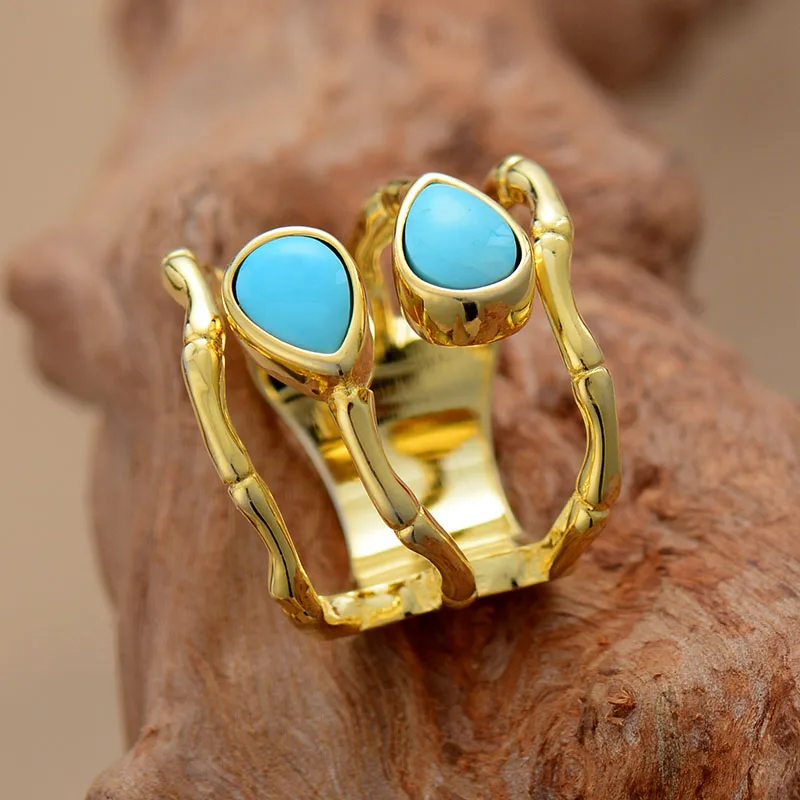 High Quality Stone Rings Jewelry Fashion Gold Color Turquoises Luxury Party Cocktail Ring Size 6.75
