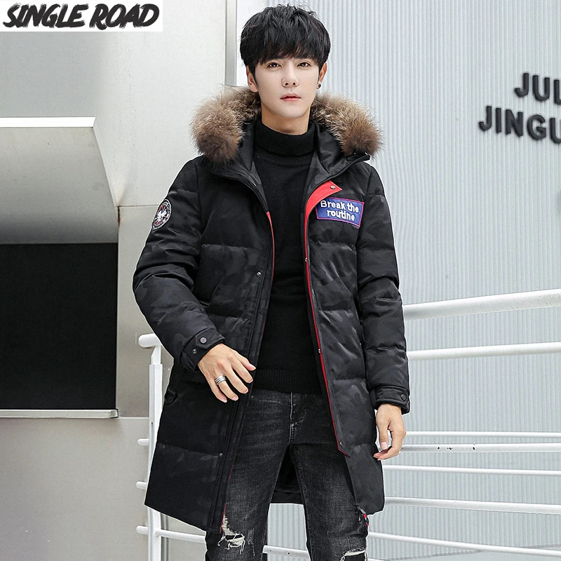 SingleRoad пуховик мужской зимний длинный Новая модная куртка на утином пуху Мужская ветровка от снега с капюшоном теплая верхняя одежда для мужчин