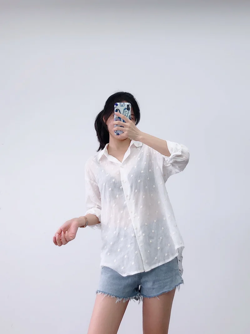  Light Women Shirt Blouse 2019 Summer New Arrival Dot Embroidery Candy Color Preppy Girl Transparent