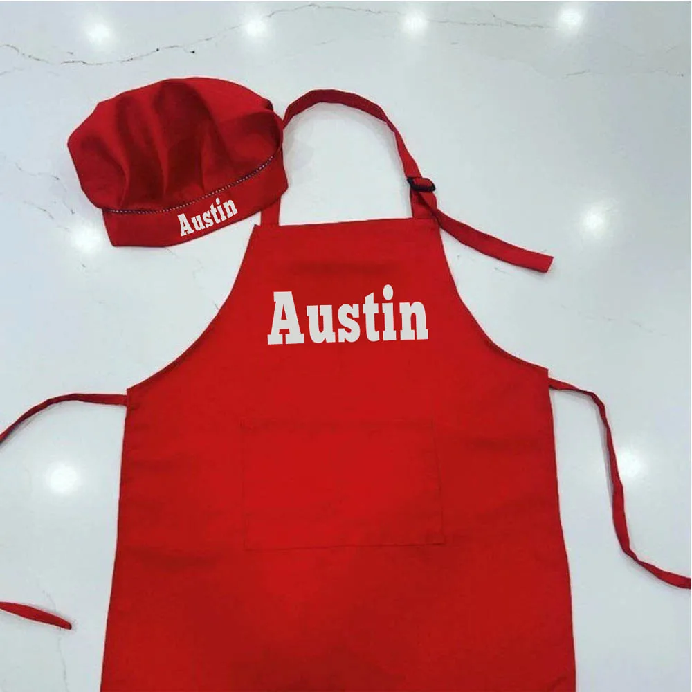 Kids Apron with Name Personalized Kindergarten Baking Apron Chef Hat Set Black Red Color Child Kitchen Birthday Gifts