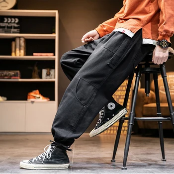 

Dropshipping Male Sweatpants Joggers Autumn Japanese Mens Linen Losse Sweatpants Men Solid Harajuku Streetwear Harem Pants