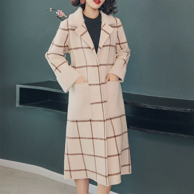 

British Style Women Elegant Trench Coat Black Light Coffee Plaid Wool Knitted Overcoat Fur Cuff Collar Single Breasted Outerwear