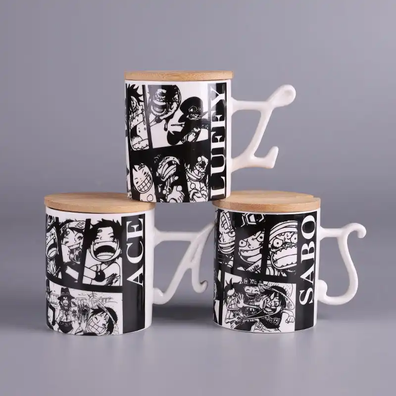 漫画ワンピースコーヒーマグセラミックcopoルフィとサボゼロエースカップ木製カバーとスプーン Mugs Aliexpress