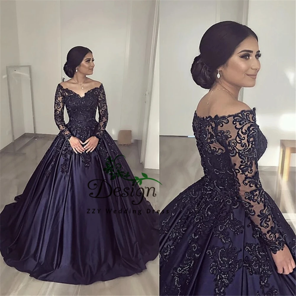 

High Quality Long Sleeves Navy Blue Satin Appliques Quinceanera Dresses Appliques Court Train Sweet 16 Dresses
