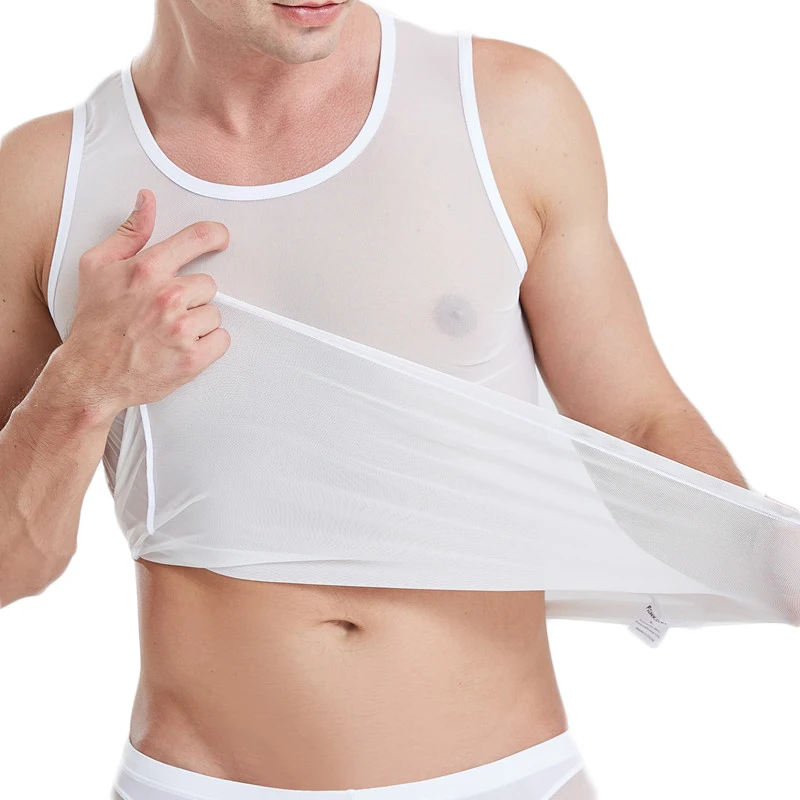 Seksowne męskie podkoszulki siatkowe przezroczyste oddychające mięśnie czopiarki kamizelka Fitness luźne dorywczo bielizna nocna męskie przepuszczalne koszulki bokserki
