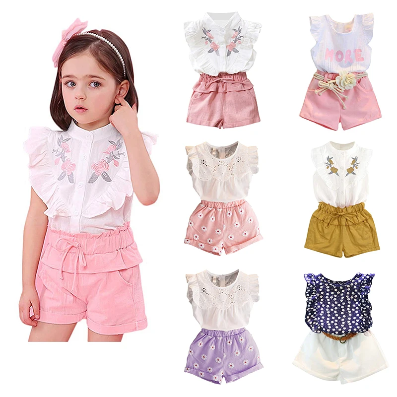 Костюмы для девочек 2020 летняя стильная детская одежда с цветочным принтом