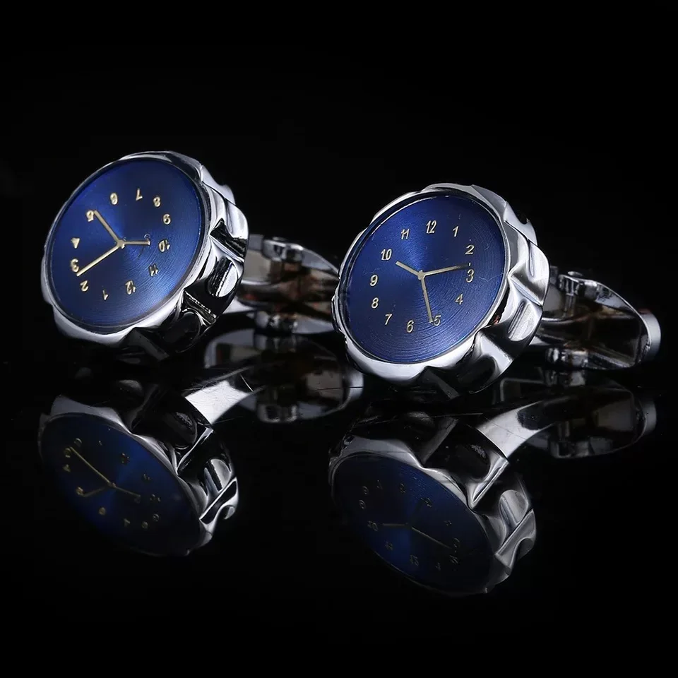 

2019 new fashion round clock design blue men shirts cuff-links copper high quality suit cuff buttons wedding engagement gift