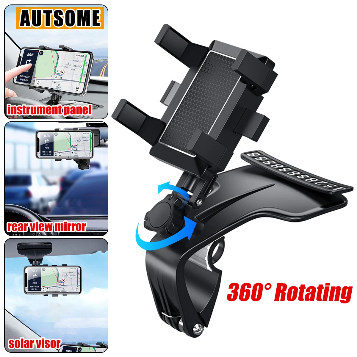 Soporte para teléfono móvil multifuncional de coche, espejo para visera de 360 grados, montaje para salpicadero, GPS, soporte de teléfono con tarjeta de estacionamiento