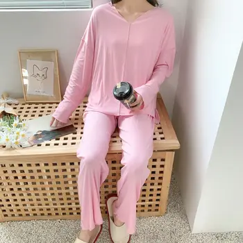 

Pyjama Femme 2020 Spring Autumn Pajamas Women's Japanese Modal Pure Cotton Plus Size Patchwork V-neck Long Sleeve Homewear Set