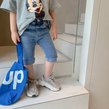 

Summer New Arrival Korean style all-match cotton pure color casual middle length jeans pants for fashion cute baby girls