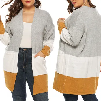 

B Plus Size Sweater Women Autumn Knit Mid-long Sleeve Tricolor Stripe Contrast Loose Sweater Coat Cardigan Women pull femme*