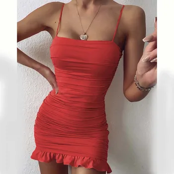 

Sexy Bodycon Bandage Dress Red Ruched Spaghetti Strap Tight Bodycon Breathable Dress Mini Halter Dress Vestidos 2020 New
