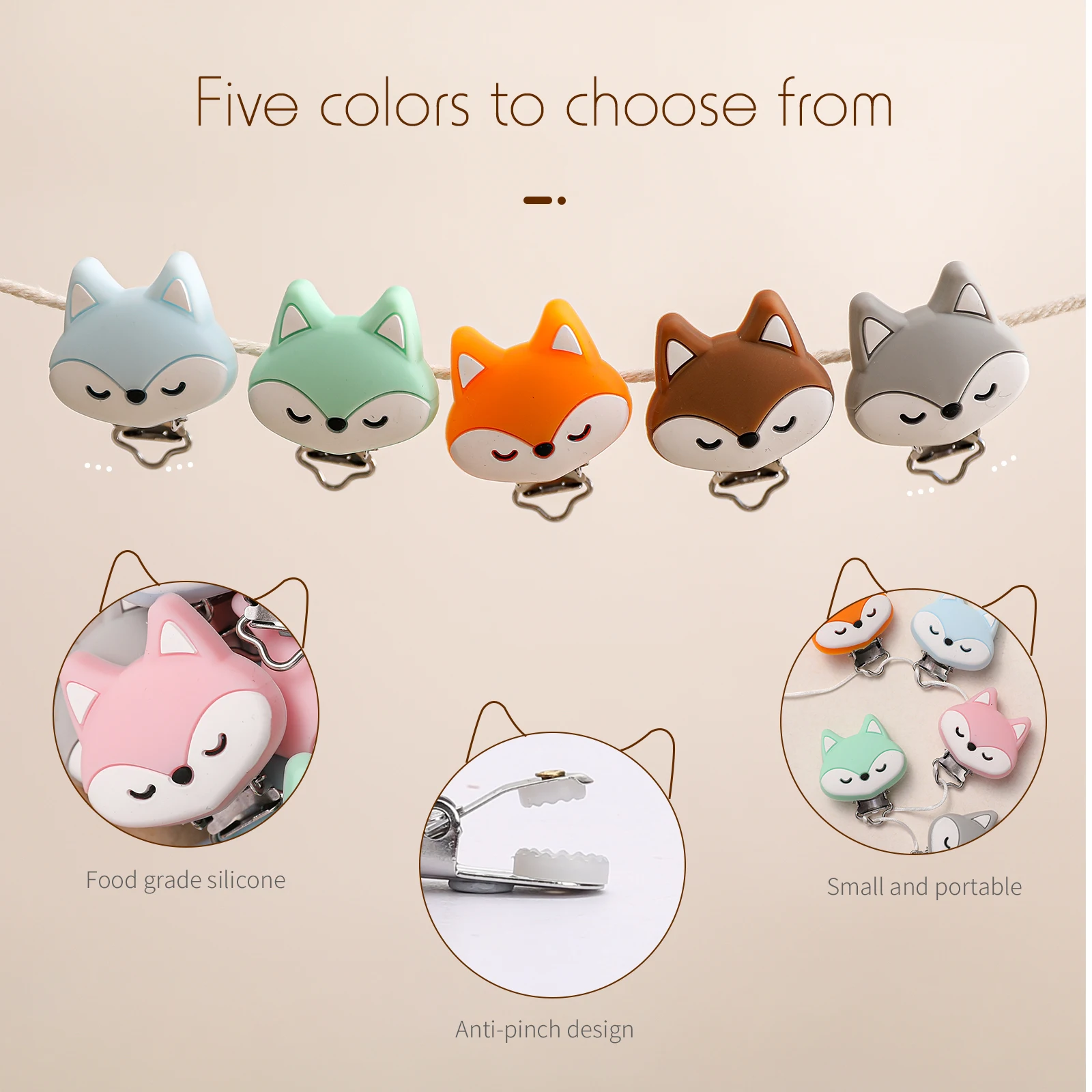 1Pc Cute Fox Baby Pacifier Clips Baby Pacifier Clips Dummy Food Grade Silicone Infant Soother Clasps Holders Accessories