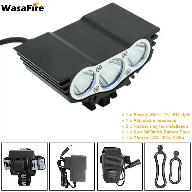 Black 6400mAh WasaFire, 7000 люмен, велосипедный светильник, 3* XML-T6, светодиодный головной светильник для велосипеда+ 18650 аккумулятор, велосипедный передний светильник со вспышкой, аксессуары для велоспорта - Цвет: Black 6400mAh