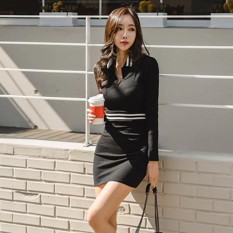 

WOMEN'S Dress 2018 Winter New Style Korean-style Fold-down Collar First Chest High Waistline Elasticity Knitted Base Skirt Dress