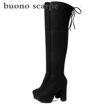 

Female over the knee boots autumn and winter new thick bottom water table super high thick with high tube elastic women's boots
