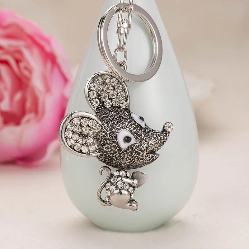 antique silver Милый Винтажный парный брелок с мышью женский горный хрусталь кристалл мышка кулон сумочка кошелек брелок подарок год безделушка - Цвет: antique silver