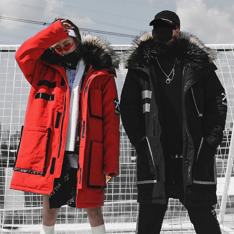 Размер США, черная зимняя Толстая куртка, мужские парки с капюшоном, пальто с меховым воротником, парка, уличная одежда, мужские длинные теплые пальто в стиле хип-хоп, DG175