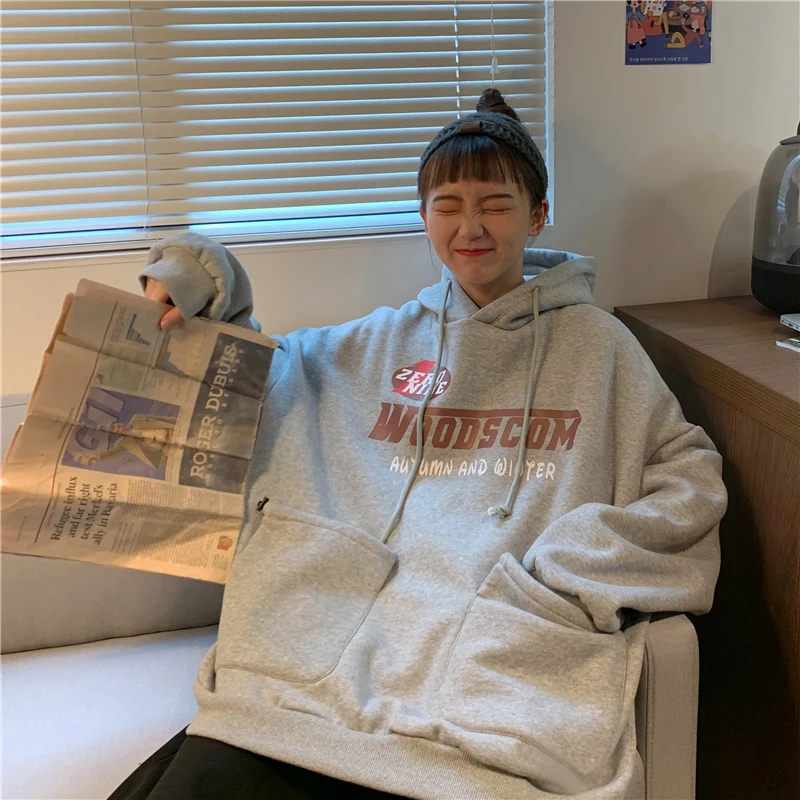 Sudadera Mujer осень зима женские негабаритных Kawaii толстовки Harajuku печатных карман толстовка с капюшоном женские флисовые толстовки