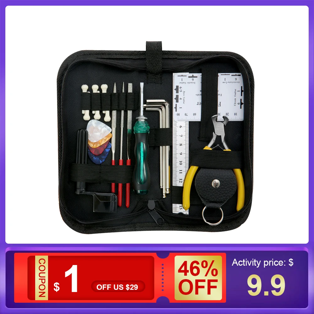 

ammoon Guitar Repairing Maintenance Cleaning Tool Kit with String Action Ruler & Gauge Measuring Tool & Hex Wrench Set & Files