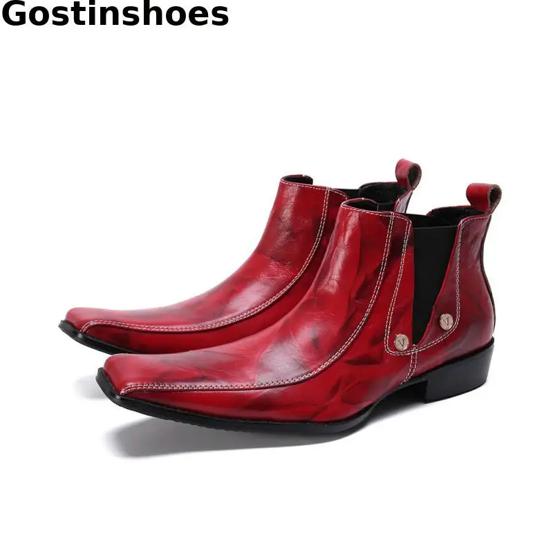 

Men Boots Red Genuine Leather Square Toe Head Men Short Boots Fashion Sewing Men Ankle Boots Low Heel