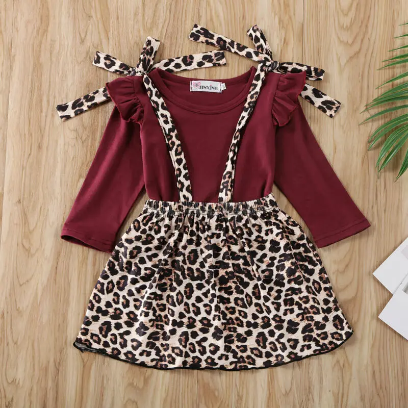 

2PCS Toddler Kids Baby Girl Long Sleeve Tops Leopard Strap Skirt Outfits Set