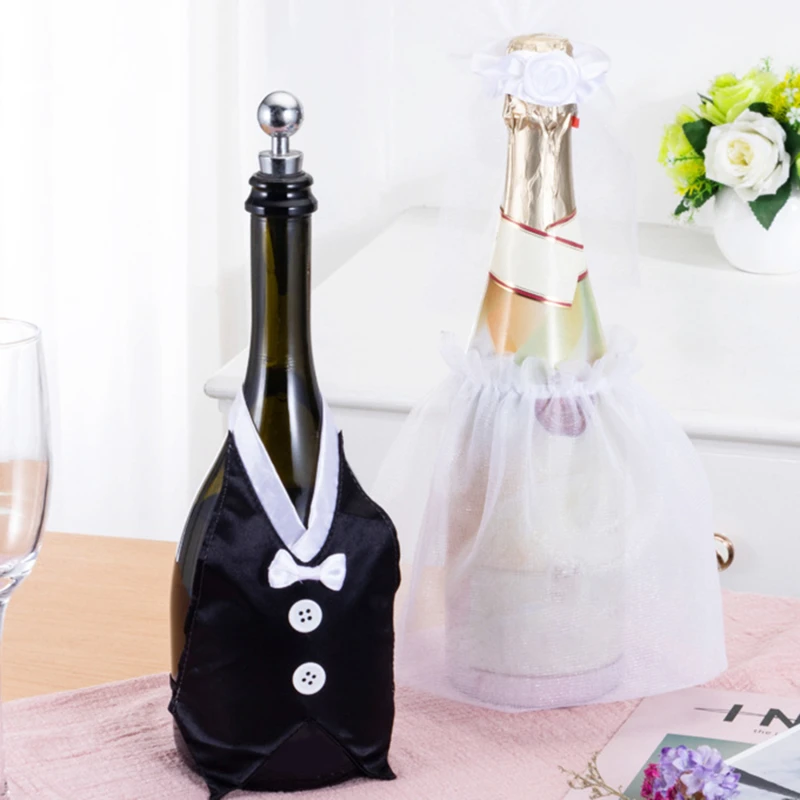 2PcsSetWeddingWineBottleCoverBridalVeilBowTieBrideBridal