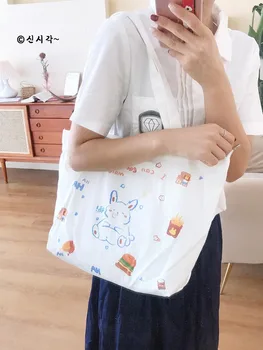 

Japanese Ins Vigorous Illustration Large Capacity One Shoulder Canvas Bag Student Female Green Zipper Shopping Bag All-match