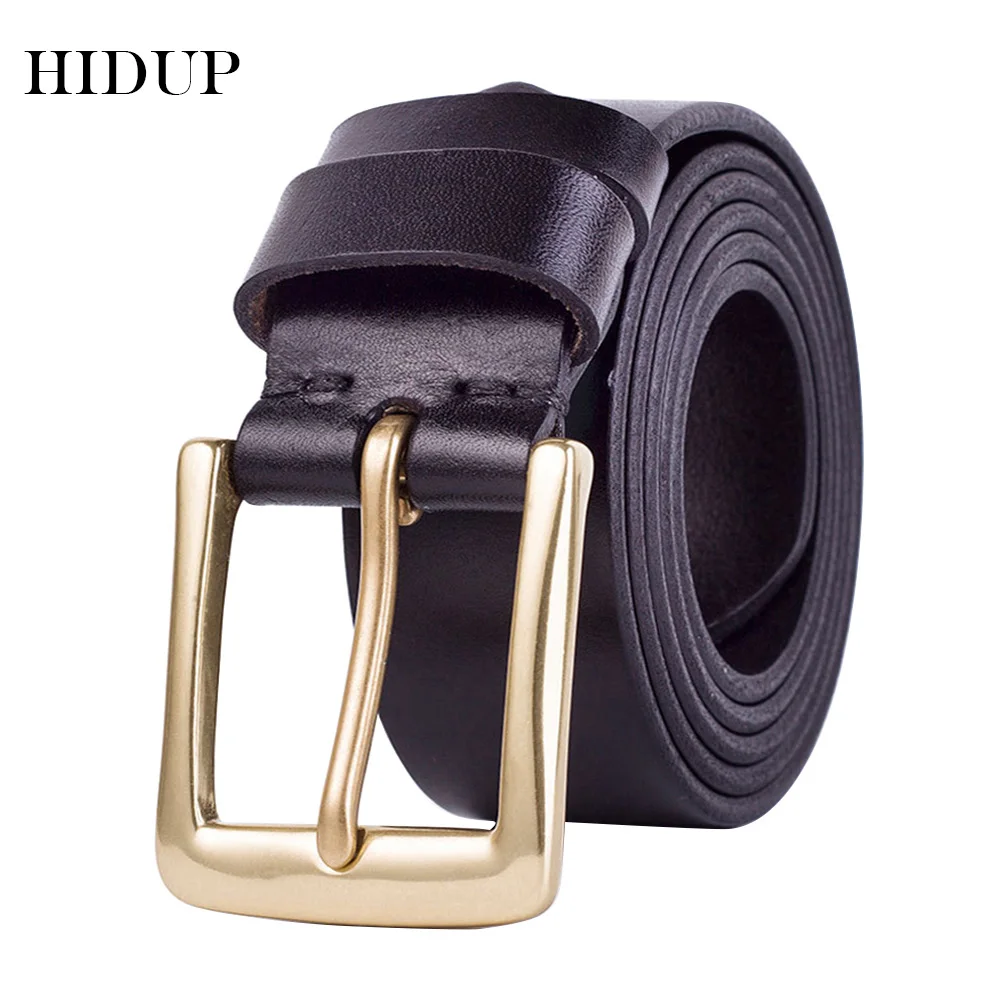 HIDUP Top Quality 100% Pure Cow Skin Genuine Leather Belt Brass Pin Buckles Metal Belts Men Retro Styles Jean Accessories NWJ119