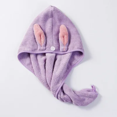 Purple Шапка для волос из плотного кораллового флиса, Супер Абсорбирующая шапка для волос с кроличьими ушками, мультяшная шапочка для волос, душ для женщин - Цвет: Purple