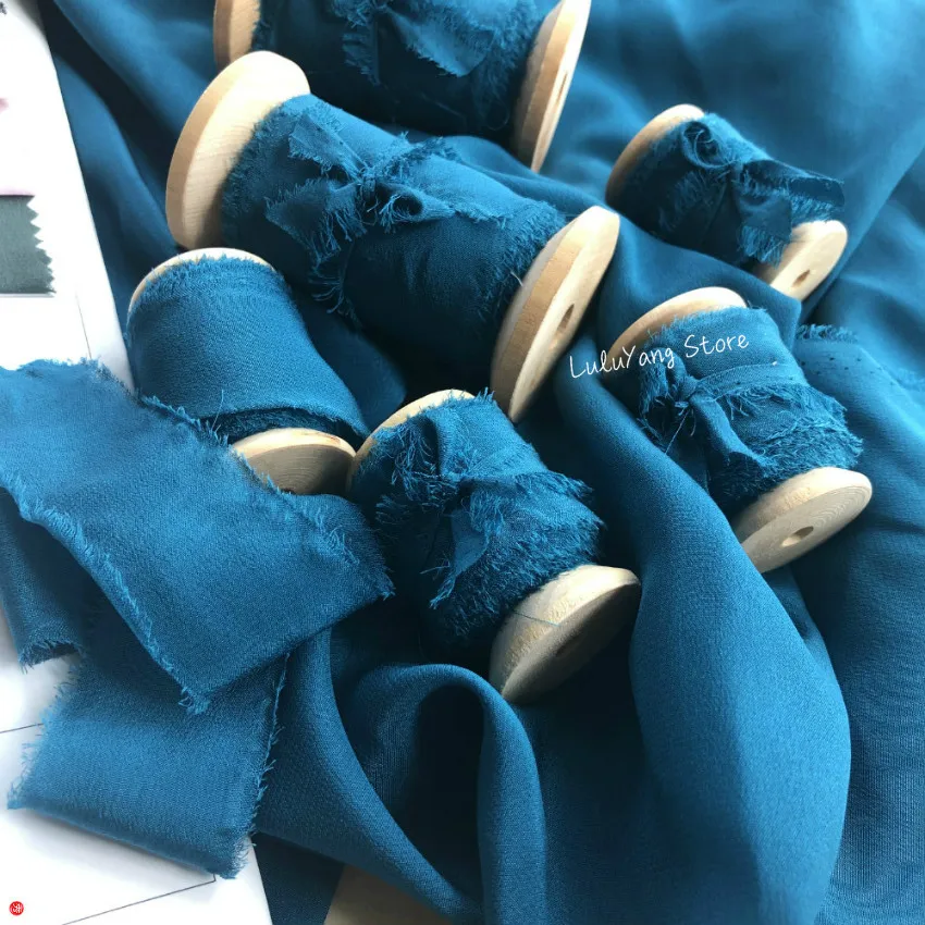 

Ins style Chiffon Silk Ribbon For Crafts Thin Frayed Sheer Fancy 100%Pure Silk Green Blue Ribbons Roll For Wedding Gift Package