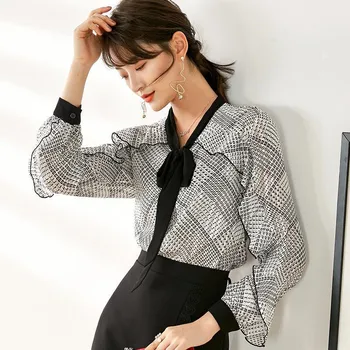 

2020 Print Blouse Female Spring New Contrast Color Tie Temperament Tops Commute Ruffle Shirt Blouse Elegant Office Shirts