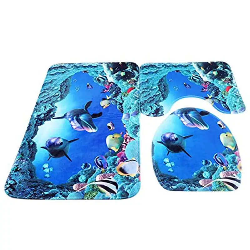

New Bath Rug Set, 3-Piece Mat Antislip Bath Rug + Floor Rug + Toilet Cover, Underwater World Blue