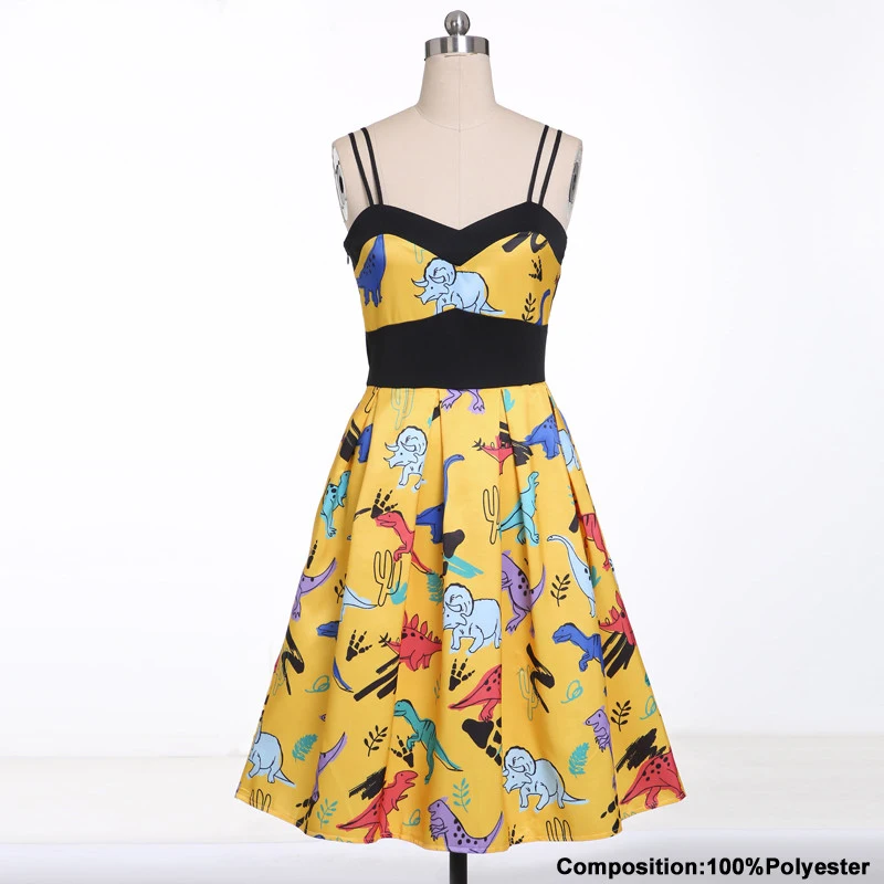 Vintage Print Spaghetti Strap High Waist Pleated Pin Up Swing Dress