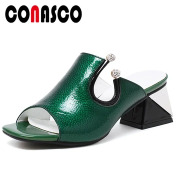 

CONASCO Summer Fashion Women Sandals Casual Women Slippers Pumps Genuine Leather Thick High Heels Rhinestone Shoes Woman New