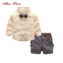 Летние комплекты джентльменской одежды для мальчиков Детский элегантный стиль, короткий рукав, галстук, топ, ремень, шорты комплект из 2 предметов детская одежда