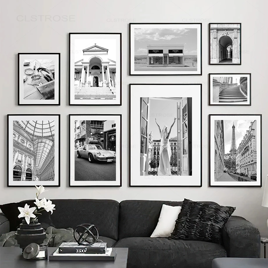 Башня Париж для девушек Car House черный белый цвет Wall Art Холст Картина Nordic Плакаты и