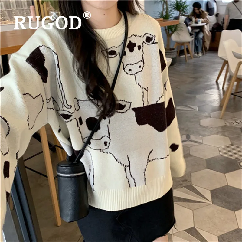 RUGOD, смешной принт коровы, вязаный свитер, женский, корейская мода, круглый вырез, длинный рукав, Зимний пуловер, весенний свитер, джемпер, pull femme