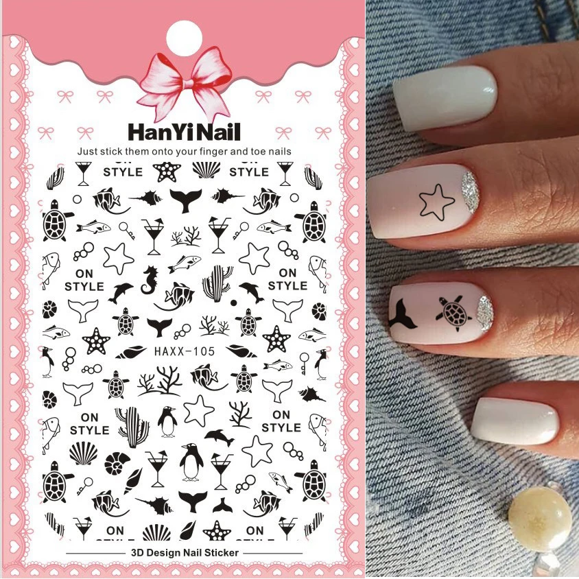 1pcs Summer sea life 3d nail decals balck white gold Sea turtle penguin star parttern self-adhesive sticker Nail Art Decor | Красота и