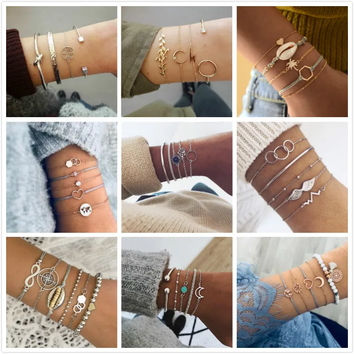 

European and American Trends Lotus Circle Simple Bracelet Temperament Flower Chain Chain Bracelet 5 Piece Set Accessories