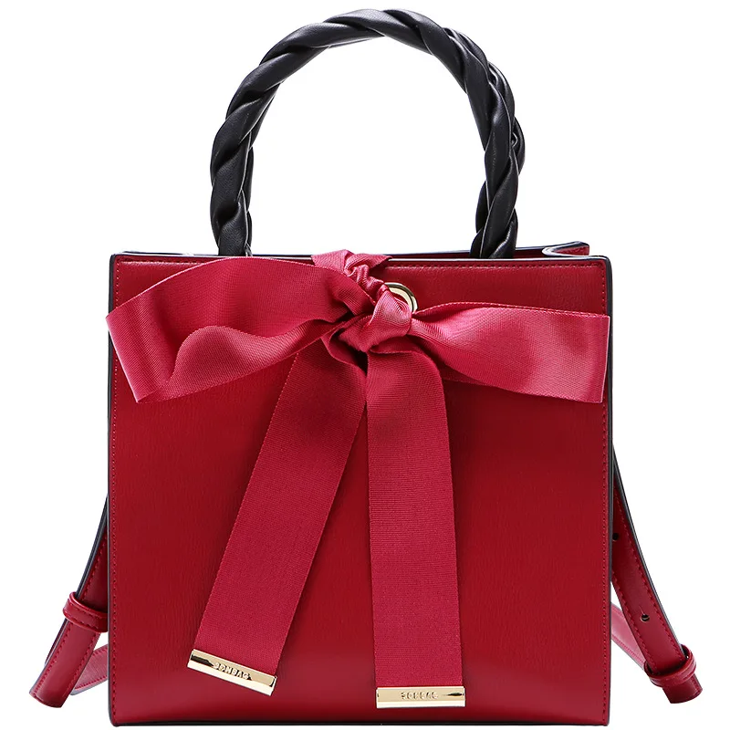 

2019 New Style Bright Red Bride Handbag Fashion Elegance One-Shoulder Diagonal Bag Women's Non-mainstream Bow Square Sling Bag