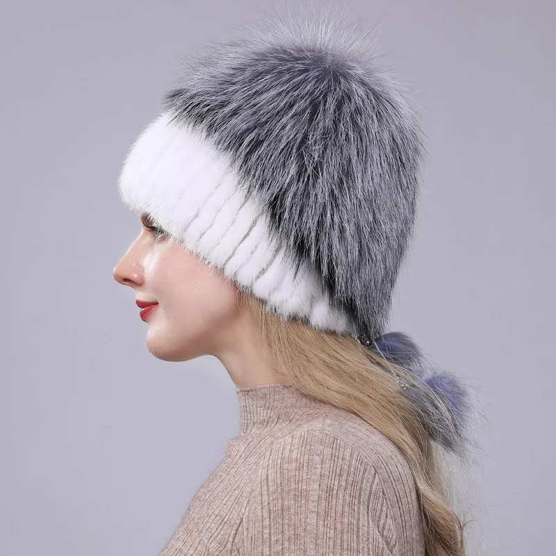 fur hat New Fashion Mink Fur Hat Lady Thick Warm Winter Grass Woven Hat Hat Ear Mink Fox Ball